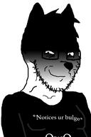 animal closed_mouth clothes dog ear furry glasses gradient gynaecomastia hair ominous owo shadow smile smug snout soyjak stubble subvariant:soyak_(smug) text tshirt variant:soyak // 800x1200 // 63.2KB