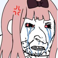 anger_mark anime bloodshot_eyes bowtie chika_fujiwara crying jewish_nose kaguya_sama_love_is_war pink_hair soyjak stubble teeth variant:soyak // 600x600 // 98.6KB