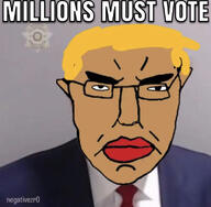 brown_skin closed_mouth clothes donald_trump glasses irl lipstick millions_must_die mugshot subvariant:pol_face suit text variant:chudjak yellow_hair // 750x734 // 347.7KB