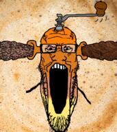 bloodshot_eyes brown_skin calm coffee coffee_beans ear espresso glasses ground_coffee handle ogre_ears open_mouth orange_skin poop_coming_out_ears soyjak stubble variant:markiplier_soyjak vein // 892x1000 // 1.3MB