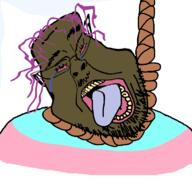 ack bloodshot_eyes brown_skin brown_troonjak clothes crying distorted glasses hanging mustache open_mouth purple_hair rope stubble tranny yellow_teeth // 768x719 // 33.2KB