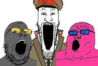 3soyjaks button closed_mouth clothes collar_tabs communism doll_(user) epaulettes glasses grey_skin hammer_and_sickle kuz military_uniform open_mouth pink_skin soot soot_colors soviet_army_uniform soviet_union soyjak soyjak_party stubble trend:soyjak_trio variant:gapejak variant:markiplier_soyjak variant:tony_soprano_soyjak // 829x566 // 87.8KB