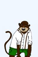 angry animal bobo_the_sharty_janny brown_eyes clothes ear glasses janny monkey mustache soyjak suspenders variant:feraljak // 680x1024 // 257.0KB