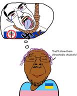 2soyjaks bloodshot_eyes brown_skin christianity chud closed_eyes closed_mouth country crying cyrillic_text ear fascism flag glasses hair hanging nazism open_mouth orthodox_church purple_hair rope russia smile soyjak stubble subvariant:patrick suicide swastika text thought_bubble tranny ukraine variant:bernd variant:chudjak yellow_teeth z_(russian_symbol) // 800x1000 // 305.2KB