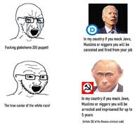 2soyjaks communism crying democratic_party glasses joe_biden monkey_putin nazbol open_mouth place_japan red_eyes russia soyjak stubble text united_states variant:soyak vladimir_putin // 701x658 // 57.7KB