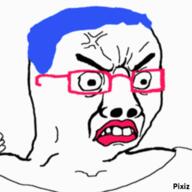 anger_mark angry animated bloodshot_eyes blue_hair crying dead flag frown glasses hair hanging makeup mustache open_mouth pixiz purple_hair rope soyjak stubble suicide tongue tranny variant:bernd variant:chudjak vein yellow_teeth // 400x400 // 1.6MB