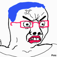 anger_mark angry animated bloodshot_eyes blue_hair crying dead flag frown glasses hair hanging makeup mustache open_mouth pixiz purple_hair rope soyjak stubble suicide tongue tranny variant:bernd variant:chudjak vein yellow_teeth // 400x400 // 1.6MB