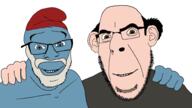 2soyjaks beard blue_eyes blue_skin brown_eyes ear friendship gargamel glasses hair hand hugging mustache no_more_brother_wars papa_smurf red_hat sideburns smile smurf soyjak stubble variant:cobson variant:feraljak white_background white_beard // 1920x1080 // 306.5KB