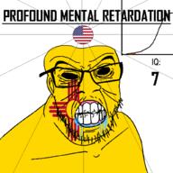 angry bald black_eyes black_hole black_sclera clenched_teeth closed_mouth cracked_teeth drool ear flag flag:new_mexico flag:united_states glasses hair iq iq_bell_curve mustache new_mexico nightmare_fuel no_pupils profound_mental_retardation retard soyjak star_(symbol) state stubble text united_states variant:feraljak wrinkles // 1024x1024 // 58.0KB