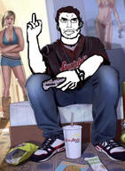 angry closed_mouth full_body game_controller glasses grand_theft_auto grand_theft_auto_v holding_game_controller jimmy_de_santa middle_finger soyjak subvariant:chudjak_front tracey_de_santa variant:chudjak video_game // 1125x1528 // 1.1MB