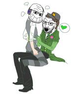 2soyjaks arm calarts clothes full_body glasses grin hair hand hat heart open_mouth question_mark_block smile so_true soyjak stubble suit twitch variant:soyak vinesauce yaoi // 500x605 // 176.9KB