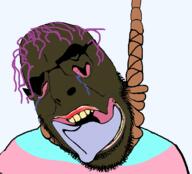 ack bloodshot_eyes brown_troonjak crying dead hanging lipstick pink_hair rope tongue tranny trend:slopjak troon variant:cobson // 1500x1362 // 249.2KB