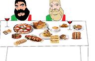 artist:sectionalism beard blue_eyes bread cake cappuccino food fork glass italy knife meat meatballs mustache nordic_chad pasta pastry pizza plate sauce table tomato_sauce variant:cobson wine yellow_hair // 2990x1920 // 2.6MB