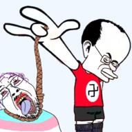 2soyjaks ack bloodshot_eyes closed_mouth clothes crying flag:transgender_pride_flag glasses hand holding_object holding_rope lipstick nazism purple_hair rope soyjak stubble suicide swastika tongue tranny transparent_background variant:bernd variant:chudjak // 671x675 // 356.5KB
