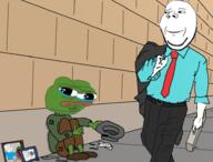 amphibian arm bag clothes frog full_body hand holding_object homeless leg nas:pepe necktie pepe_the_frog rich smile soyjak stubble subnas:apu subvariant:wholesome_soyjak variant:gapejak // 950x720 // 240.8KB