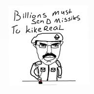 arab arm beret button chud closed_mouth clothes ear glasses hair hand iraq israel judaism millions_must_die missile mustache saddam_hussein soyjak subvariant:pol_face text uniform variant:chudjak // 955x956 // 88.3KB