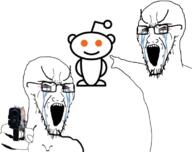 2soyjaks angry antenna arm bloodshot_eyes crying glasses gun hand merge open_mouth orange_eyes pistol pointing reddit snoo soyjak stretched_mouth stubble variant:soyak variant:two_pointing_soyjaks // 750x593 // 194.5KB