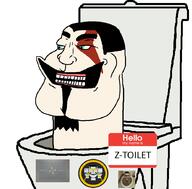 Warrior-Z(user) eyebrows flag:skibidi_toilet goatee green_eyes gums hello_my_name_is_(sticker) male_07 series:keep_raging_on_them skibidi skibidi_toilet stretched_mouth subvariant:mexiaryan swastika tattoo teeth text toilet // 886x872 // 88.1KB