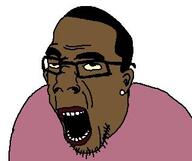 angry black_skin clothes ear earring glasses hair nigger open_mouth pink_shirt stubble teeth variant:unknown yellow_sclera // 318x266 // 10.5KB