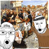 2soyjaks arm christianity clothes drawn_background glasses hand history mustache open_mouth pointing religion soyjak stubble variant:two_pointing_soyjaks // 1280x1283 // 2.6MB