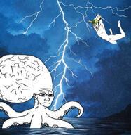 banana big_brain bloodshot_eyes clothes crying food foodjak fruit full_body glasses hat helmet holding_object holding_sword jump lightning octopus open_mouth soyjak stubble subvariant:pettygod sword variant:soyak variant:wojak watermelon weapon // 894x919 // 795.1KB