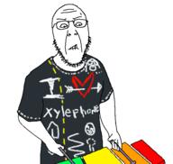 Xylophone animated arm biting_lip clothes ext=gif glasses hand holding_object soyjak stubble sweating tshirt variant:tewi // 594x563 // 118.7KB
