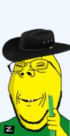 black clothes glasses green hat holding_knife holding_object knife russia russo_ukrainian_war small_eyes smile soyjak stubble subvariant:wholesome_soyjak ukraine variant:gapejak yellow yellow_skin z_(russian_symbol) // 598x1150 // 177.7KB
