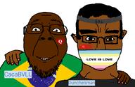 2soyjaks bald bandana black_skin brazil brown_skin cacabvll_(user) chud_troon_alliance clothes dunchenman_(user) ear esl eyebrows facial_mark flag:brazil flag:minor_attracted_person glasses hair hand heart hugging looking_at_you love_is_love map_(pedophile) mask meta:namefags nail_polish nails name_tag nose pedophile pedophilia queen_of_hearts smile stubble subvariant:chudjak_front teeth text transparent_background variant:bernd variant:chudjak white_background wrinkles // 834x541 // 75.3KB