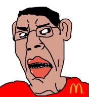 amerimutt angry big_lips black_sclera brown_skin chud clothes deformed ear hair lips mcdonalds open_mouth red_shirt subvariant:suspicious_chudjak variant:chudjak // 814x888 // 23.2KB
