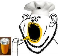8kun chef clothes ear eating hand hat holding_object honey open_mouth qanon snake soyjak spoon stubble variant:impish_soyak_ears // 856x830 // 218.7KB