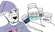 bottle glasses hand melatonin open_mouth pajamas pill pill_bottles pills sleep_cap smile soyjak stubble template variant:pillsjak // 581x341 // 80.0KB