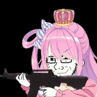 anime arm bowtie closed_mouth clothes crown ear firearm glasses gun hair hand hat himemori_luna holding_gun holding_object holding_rifle pink_hair rifle smile smug soyjak stubble variant:soyak vtuber weapon // 600x600 // 57.3KB