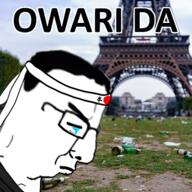 bottle closed_eyes closed_mouth crying eiffel_tower flag flag:japan france glasses hachimaki hair headband irl_background its_over japan soyjak text trash variant:chudjak // 360x360 // 239.9KB