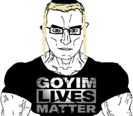 black_lives_matter blond blue_eyes buff clothes glasses goyim hair hat jewish_nose judaism kippah subvariant:muscular_chud tshirt variant:chudjak // 1060x928 // 132.8KB