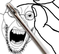 angry bald depth_of_field glasses hand looking_at_object looking_at_you mouth_open needle real_life_object stubble teeth teeth_showing variant:angry_soyjak white_background // 714x662 // 231.0KB