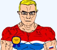 amur_oblast arm award blue_eyes buff closed_mouth clothes eastern_orthodox flag flag:amur_oblast flag:russia glasses gold hair miner oblast orthodox_cross russia soyjak subvariant:chudjak_front subvariant:muscular_chud text transparent transparent_background tshirt variant:chudjak vein yellow_hair // 1059x929 // 60.8KB