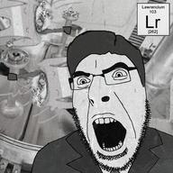 3soyjaks arm chemistry clothes cyclotron element ernest_lawrence glasses hair hand hanging lawrencium meta:tagme monochrome necktie open_mouth pun rope soyjak stubble suit tranny variant:bernd variant:cobson // 1000x1000 // 1.4MB