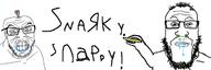arm brainlet drool glasses holding_object mucus open_mouth pencil retard snarky_snappy stubble text variant:feraljak variant:markiplier_soyjak // 300x100 // 18.5KB