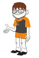 badge beard blue_eyes brown_hair cartoon closed_mouth dan dan_versus dan_vs glasses happy orange_shirt smile variant:unknown white_skin // 474x710 // 155.2KB