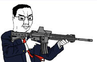 arm closed_mouth clothes firearm glasses gun hair hand holding_gun holding_object holding_rifle necktie rifle smile soyjak suit variant:chudjak weapon // 762x490 // 120.9KB