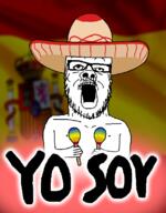 arm clothes country flag flag:spain glasses hand hat holding_object maracas mustache open_mouth palindrome pun sombrero soyjak spain spanish_text stubble text variant:a24_slowburn_soyjak yo_soy // 873x1121 // 345.0KB