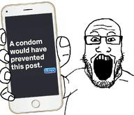 a_condom_would_have_prevented_this_post ad advertisement apple_(company) arm condom durex glasses hair hand holding_object holding_phone iphone meme open_mouth phone soyjak stubble subvariant:phoneplier subvariant:phoneplier_vertical teeth variant:markiplier_soyjak // 968x825 // 285.2KB