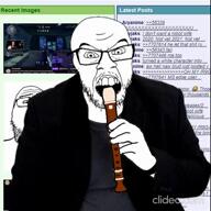 angry bald clideo costume cover flute glasses hand music screenshot soyjak_party streamer stubble variant:feraljak variant:markiplier_soyjak2 video // 720x720, 105.3s // 4.0MB