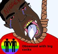 black_skin bloodshot_eyes clothes crying cum glasses hair hanging meta:tagme nigger open_mouth rope soyjak subvariant:chudjak_front suicide text tongue variant:chudjak yellow_teeth // 768x719 // 337.7KB