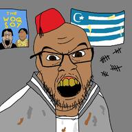 brown_skin clothes country fez flag flag:greece flag:islamic_greece glasses greece hat open_mouth poster soyjak stubble turkiye variant:feraljak yellow_teeth // 1280x1280 // 182.6KB