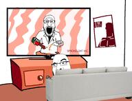 2soyjaks arm bnwo bottle can clothes couch doctor dr_sprokeberg glasses hand holding_object holding_sproke open_mouth poster remote soy soyjak soylent sproke stubble television text variant:cobson variant:markiplier_soyjak // 2117x1625 // 381.8KB