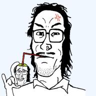 anger_mark angry balding clothes cup drink drinking drinking_head drinking_straw hair hand holding_object long_hair matcha mustache red_drinking_straw red_plus soyjak stubble tshirt upset variant:mulletjak // 1024x1024 // 238.3KB