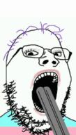 animated blood clothes dead flag glasses gun hair makeup open_mouth purple_hair shotgun soyjak stubble suicide tranny variant:gapejak // 380x672 // 1.6MB