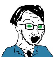 clothes glasses glowing glowing_eyes hair necktie open_mouth soyjak stubble suit trend:glowie variant:soyak // 939x995 // 76.3KB