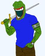 accessory amphibian blue_shirt buff flag:kekistan frog froglaugh green_skin holding_sword kekistan laughing nas:pepe pepe_the_frog shadilay sword tears_of_joy transparent_background watch // 1514x1910 // 611.0KB